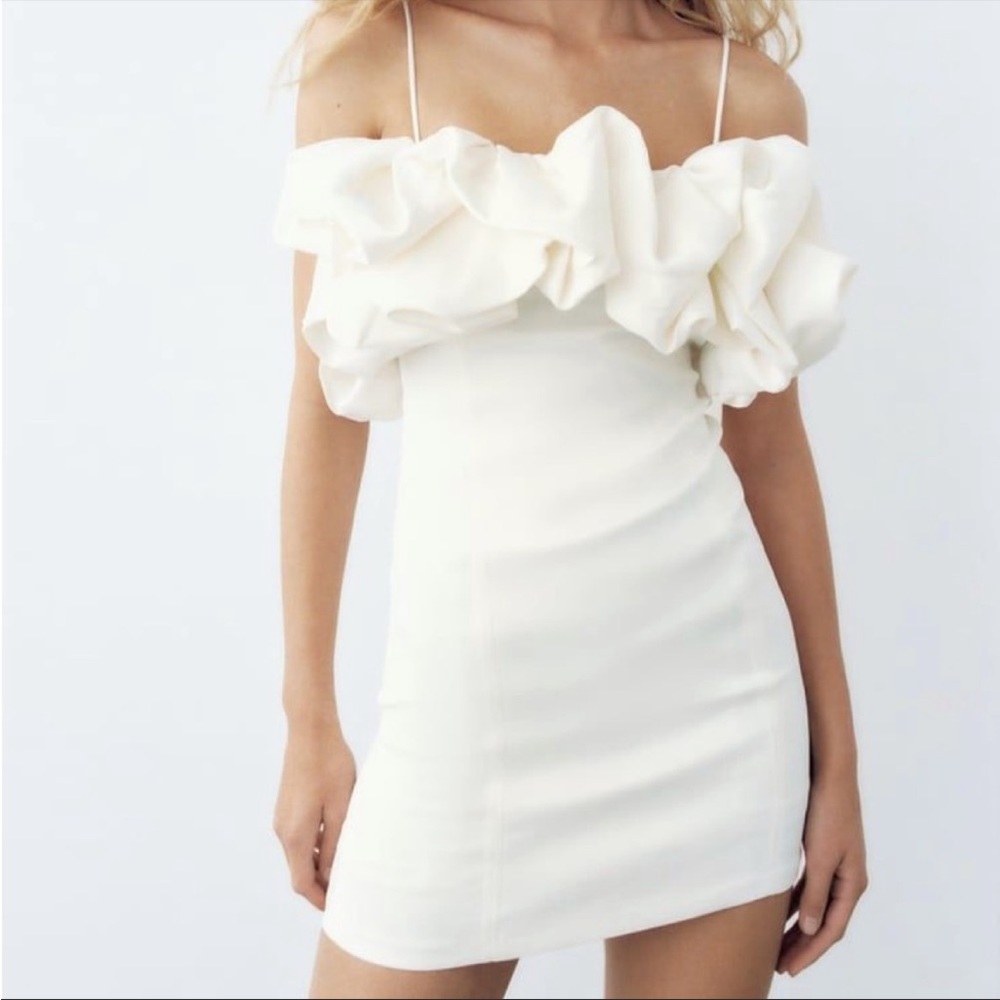 Zara white satin effect voluminous ruffle dress